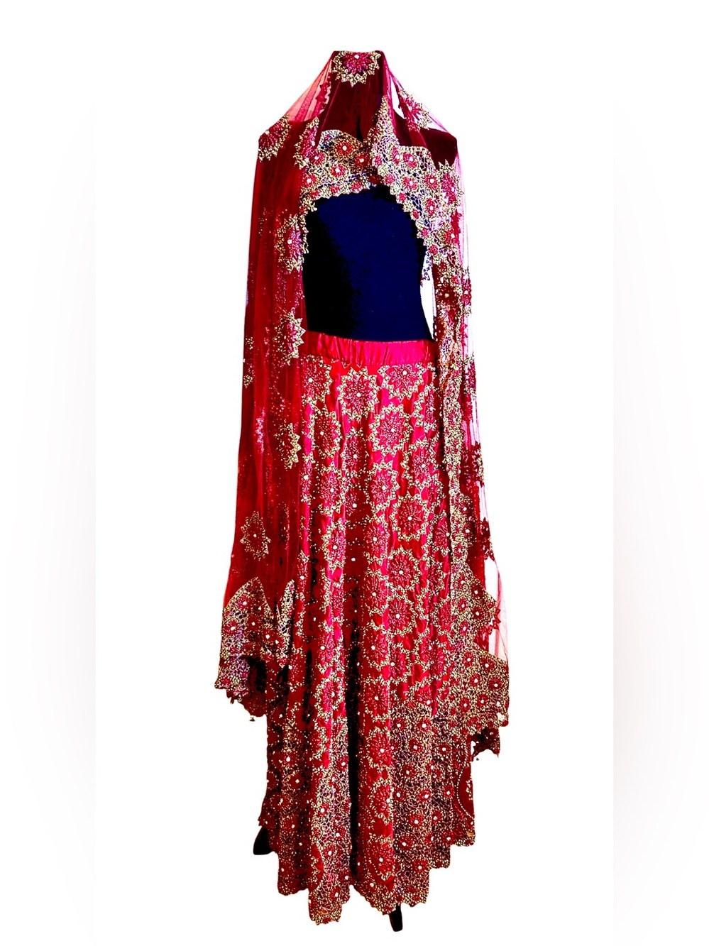 Bridal Couture Maroon Lehenga Indian Pakistani 96" Dupatta Bells Latkans Luxury